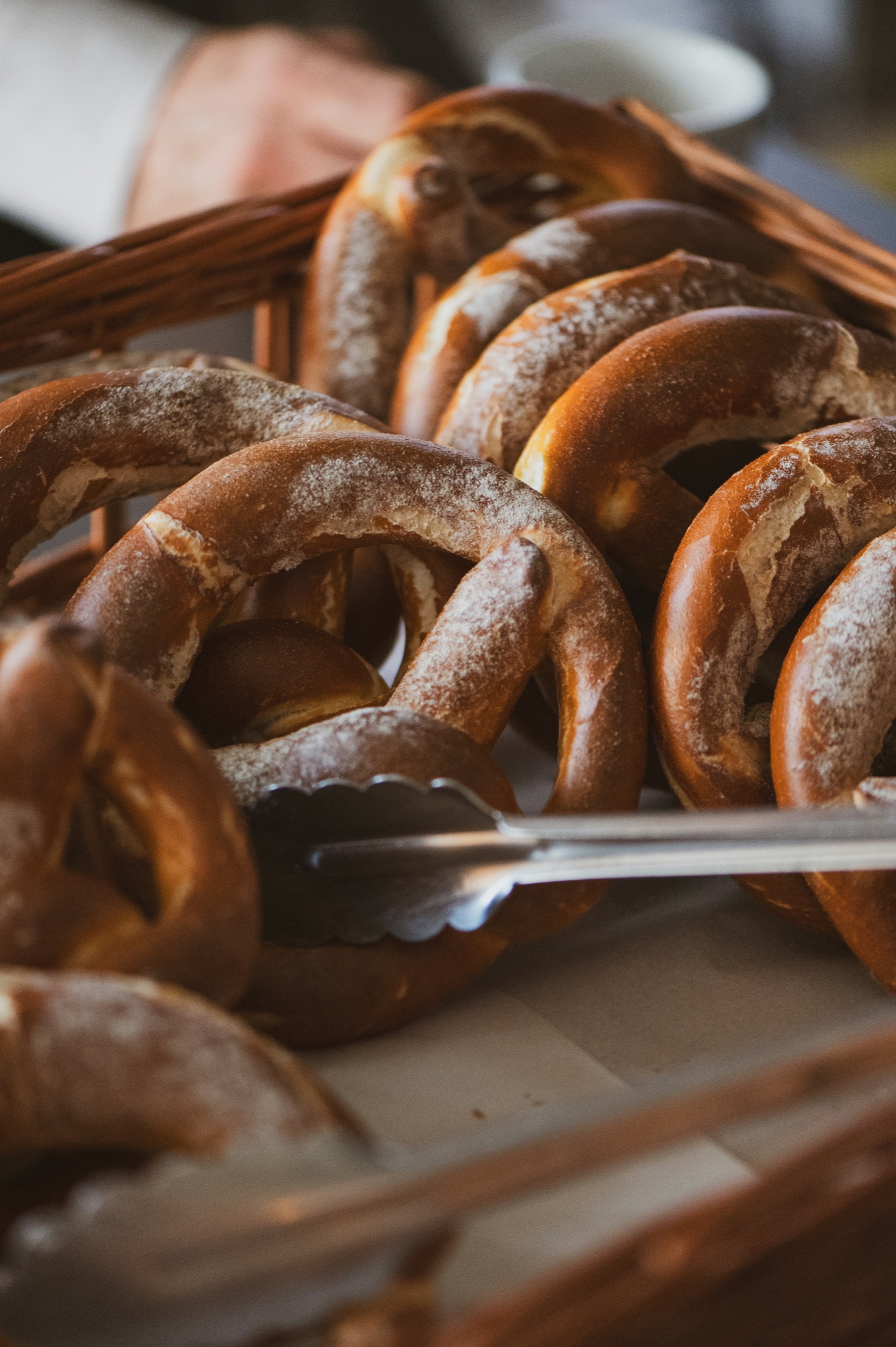 Basket filled with freshly baked soft pretzels